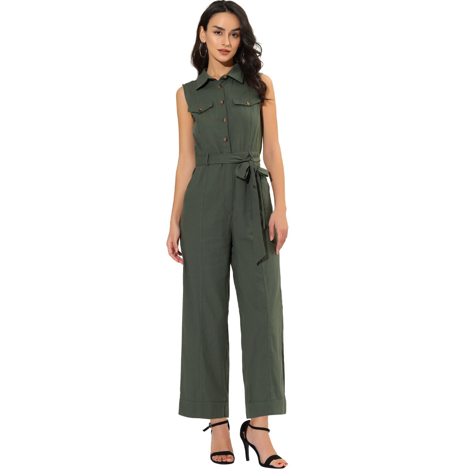 Женские комбинезоны Ankle Tie Waist Workwear Button Front Sleeveless Jumpsuit