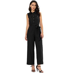 Women's Sleeveless Shawl Collar Office Belted Cropped Jumpsuit Romper