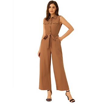 Women's Ankle Tie Waist Workwear Button Front Sleeveless Jumpsuit