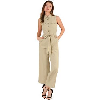 Women's Ankle Tie Waist Workwear Button Front Sleeveless Jumpsuit