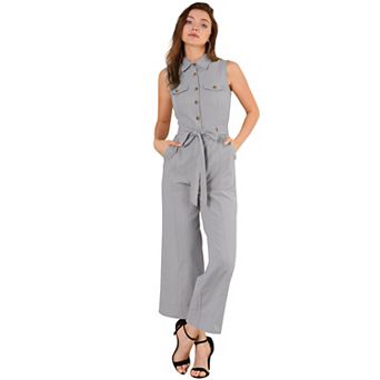 Women's Ankle Tie Waist Workwear Button Front Sleeveless Jumpsuit