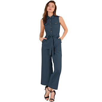 Women's Ankle Tie Waist Workwear Button Front Sleeveless Jumpsuit