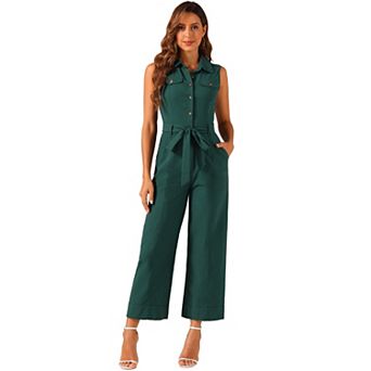 Women's Ankle Tie Waist Workwear Button Front Sleeveless Jumpsuit