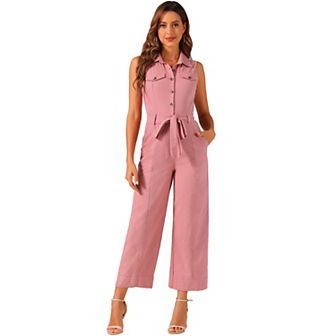 Women's Ankle Tie Waist Workwear Button Front Sleeveless Jumpsuit