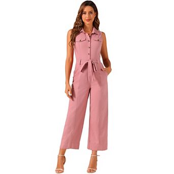 Women's Ankle Tie Waist Workwear Button Front Sleeveless Jumpsuit
