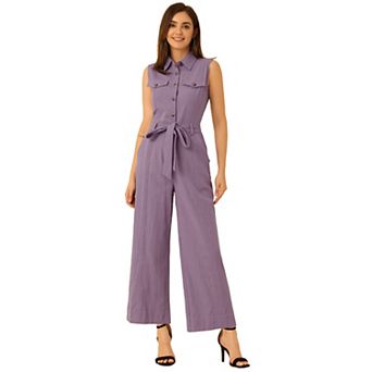Women's Ankle Tie Waist Workwear Button Front Sleeveless Jumpsuit