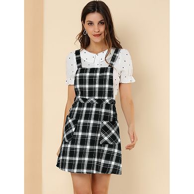 Women's Plaid Button Decor A-Line Pinafore Overall Dress