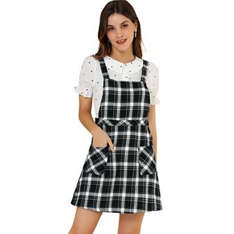 Women's Plaid Button Decor A-Line Pinafore Overall Dress
