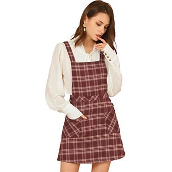 Women's Plaid Button Decor A-Line Pinafore Overall Dress