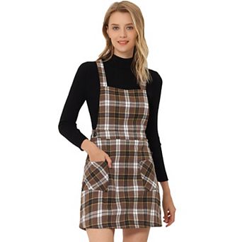 Women's Plaid Button Decor A-Line Pinafore Overall Dress