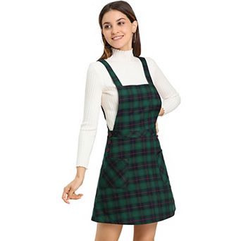 Women's Plaid Button Decor A-Line Pinafore Overall Dress
