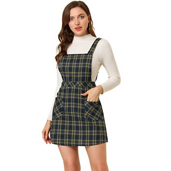 Women's Plaid Button Decor A-Line Pinafore Overall Dress