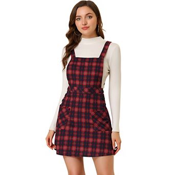 Women's Plaid Button Decor A-Line Pinafore Overall Dress