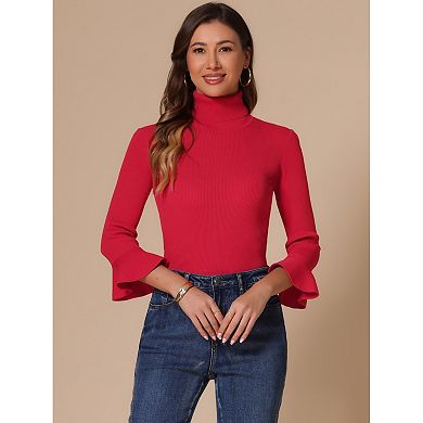 Women's Turtle Neck 3/4 Ruffle Sleeves Pullover Slim Rib Knit Sweater