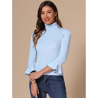 Women's Turtle Neck 3/4 Ruffle Sleeves Pullover Slim Rib Knit Sweater