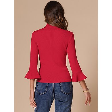 Women's Turtle Neck 3/4 Ruffle Sleeves Pullover Slim Rib Knit Sweater