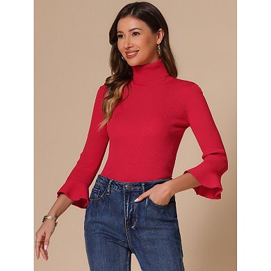 Women's Turtle Neck 3/4 Ruffle Sleeves Pullover Slim Rib Knit Sweater