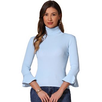Women's Turtle Neck 3/4 Ruffle Sleeves Pullover Slim Rib Knit Sweater