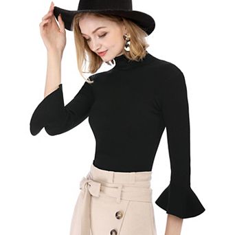 Women's Turtle Neck 3/4 Ruffle Sleeves Pullover Slim Rib Knit Sweater