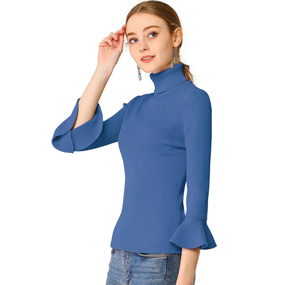 Women's Turtle Neck 3/4 Ruffle Sleeves Pullover Slim Rib Knit Sweater