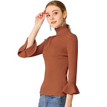 Women's Turtle Neck 3/4 Ruffle Sleeves Pullover Slim Rib Knit Sweater