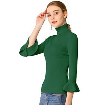 Women's Turtle Neck 3/4 Ruffle Sleeves Pullover Slim Rib Knit Sweater