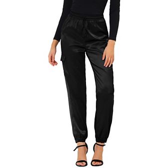 Women's Drawstring Elastic High Rise Silky Satin Cargo Solid Pants