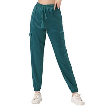 Women's Drawstring Elastic High Rise Silky Satin Cargo Solid Pants