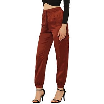 Women's Drawstring Elastic High Rise Silky Satin Cargo Solid Pants