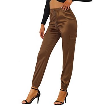Women's Drawstring Elastic High Rise Silky Satin Cargo Solid Pants