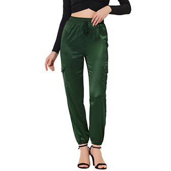 Women's Drawstring Elastic High Rise Silky Satin Cargo Solid Pants