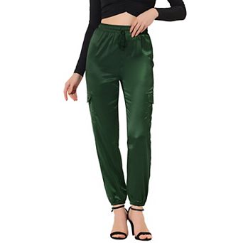 Women's Drawstring Elastic High Rise Silky Satin Cargo Solid Pants