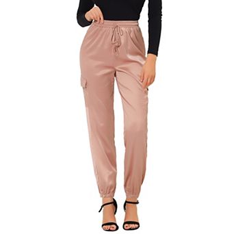 Women's Drawstring Elastic High Rise Silky Satin Cargo Solid Pants