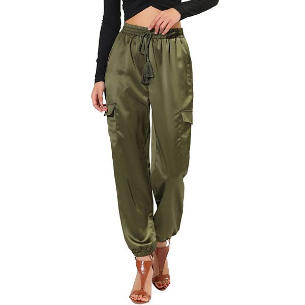 Women's Drawstring Elastic High Rise Silky Satin Cargo Solid Pants