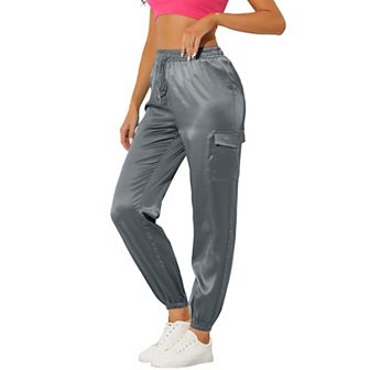 Women's Drawstring Elastic High Rise Silky Satin Cargo Solid Pants