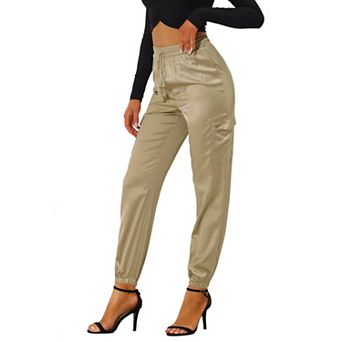 Women's Drawstring Elastic High Rise Silky Satin Cargo Solid Pants