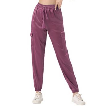Women's Drawstring Elastic High Rise Silky Satin Cargo Solid Pants