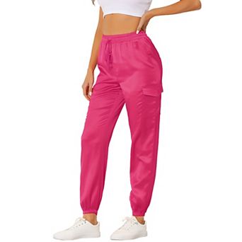 Women's Drawstring Elastic High Rise Silky Satin Cargo Solid Pants
