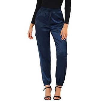 Women's Drawstring Elastic High Rise Silky Satin Cargo Solid Pants