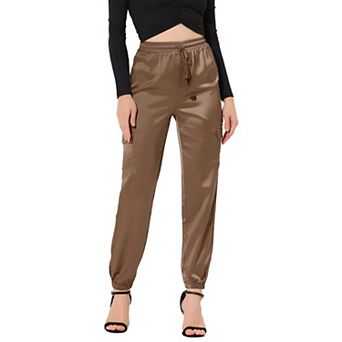 Women's Drawstring Elastic High Rise Silky Satin Cargo Solid Pants