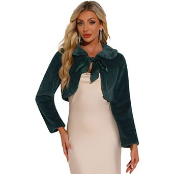 Women's Elegant Faux Fur Shrug Bow Tie Front Fluffy Cropped Jacket
