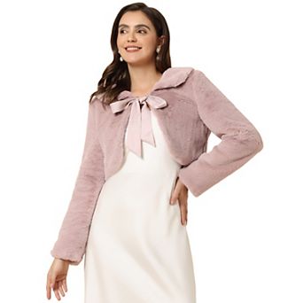 Women's Elegant Faux Fur Shrug Bow Tie Front Fluffy Cropped Jacket