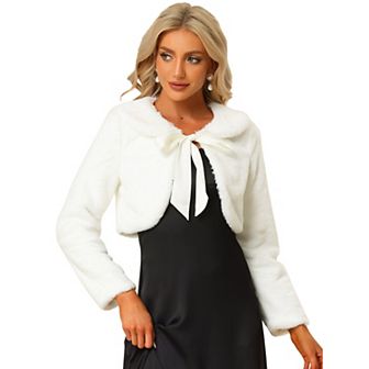 Women's Elegant Faux Fur Shrug Bow Tie Front Fluffy Cropped Jacket