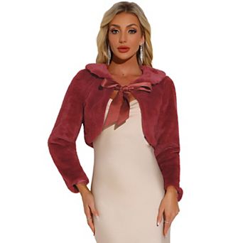 Women's Elegant Faux Fur Shrug Bow Tie Front Fluffy Cropped Jacket