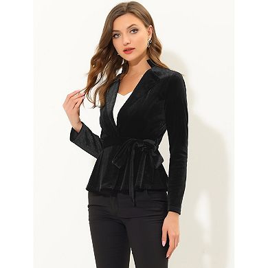 Women's Work Office Belted Notched Lapel Long Sleeves Velet Blazer