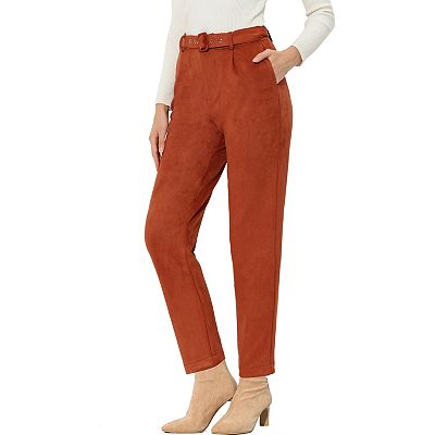 Women's Faux Suede Pants Casual High Waist Belted Straight Legs