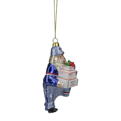 6" Busy Santa "USPS Priority" Mail Carrier Glass Christmas Ornament