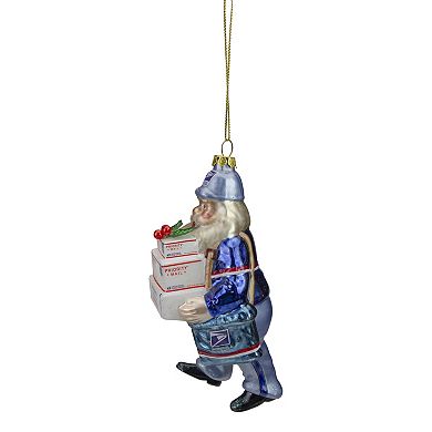 6" Busy Santa "USPS Priority" Mail Carrier Glass Christmas Ornament