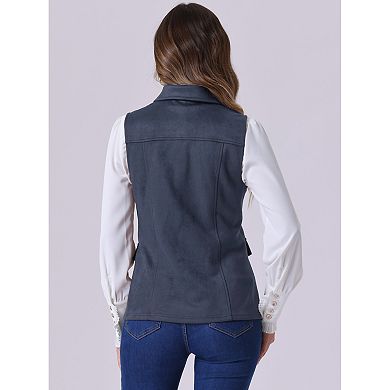 Women's Rustic Sleeveless Jacket Button Up Faux Suede Utility Anorak Cargo Vest