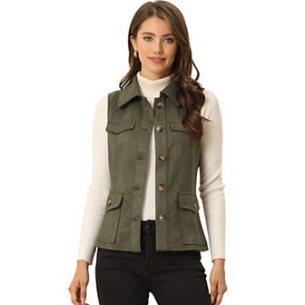 Women's Rustic Sleeveless Jacket Button Up Faux Suede Utility Anorak Cargo Vest